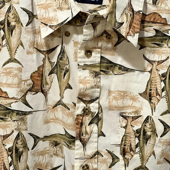 Puritan Mens Brown Marlin Fish Hawaiian Button Down Shirt Small Short Sleeve - Picture 5 of 9